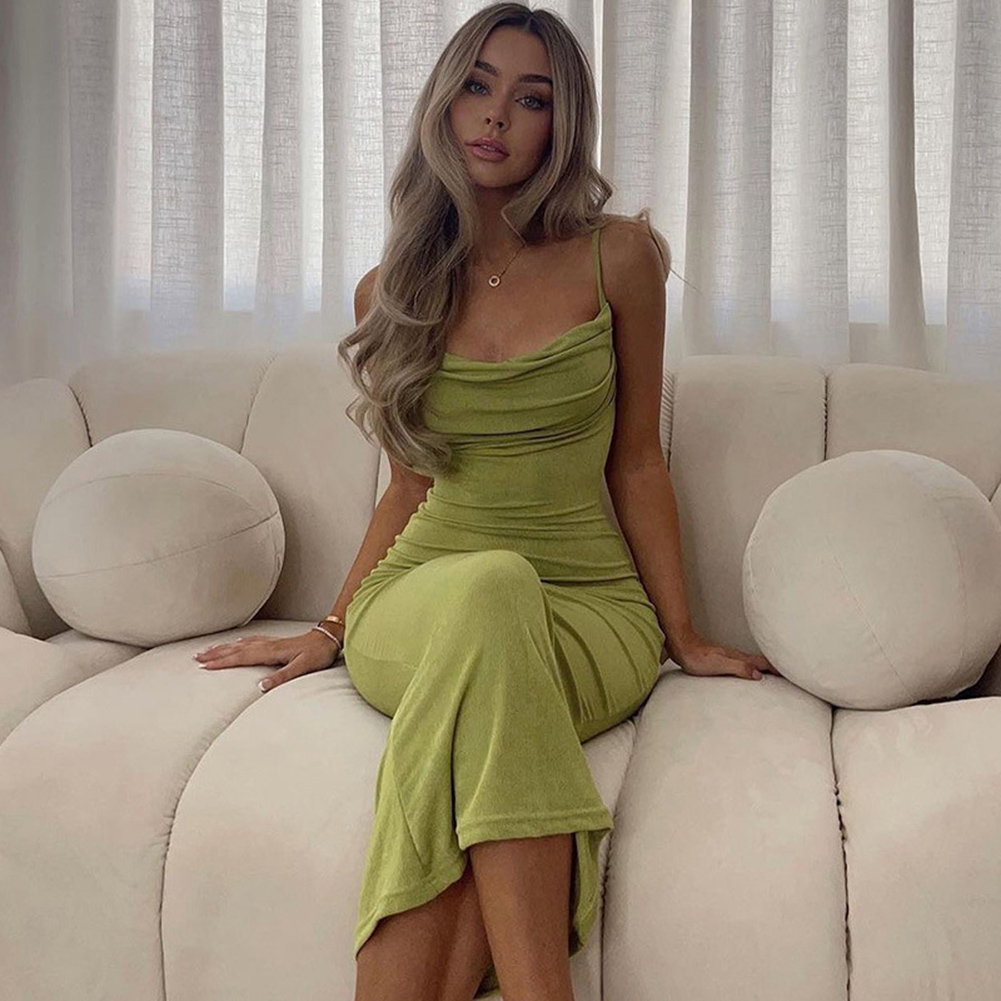Summer Fashion Sling Dress For Women Solid Color Lace-up Middle Waist Dress Sexy Backless Slim Fit Mid-length Skirt green M
