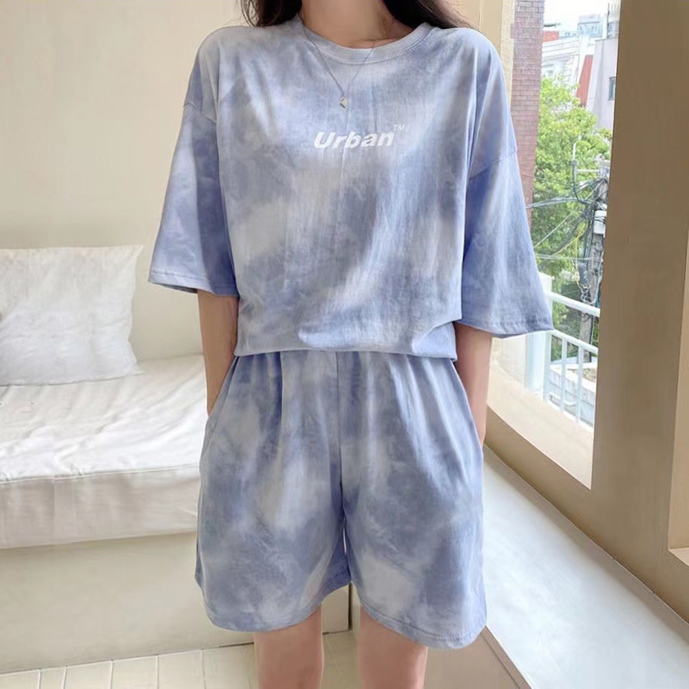 Women Tie-dye Short-sleeve Suit Round Neck Loose Top Shorts Two-piece Set Casual Outfits With Pockets blue XL
