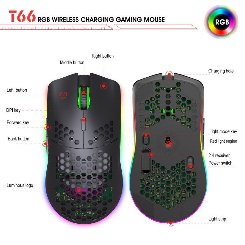 750mAh 2.4G Wireless Computer Mouse Rechargeable Rgb Hole Gaming Mouse black