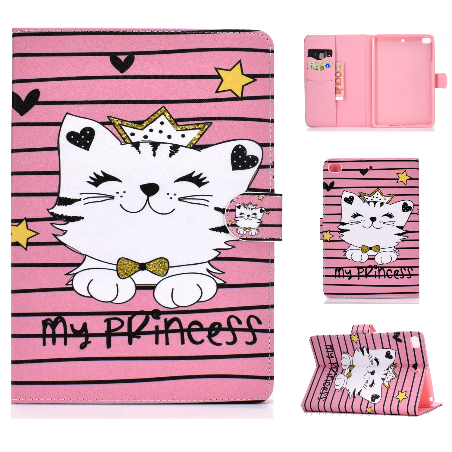 For iPad mini 1/2/3/4/5 Laptop Protective Case Frront Snap Color Painted Smart Stay PU Cover Crown cat