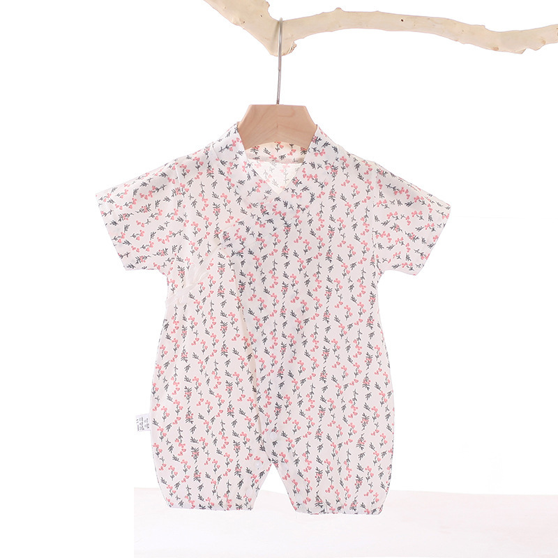 Boys Girls Short Sleeves Romper Summer Cotton Slanted Lace-up Breathable Jumpsuit For 0-3 Years Old Kids pink floral 9-12M 66cm