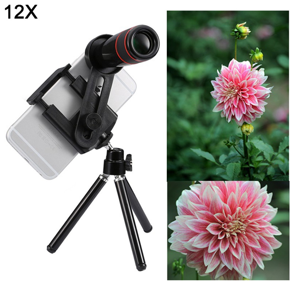 Mobile Phone Lens Kit 12X Zoom Telephoto Lens Telescope Camera Lenses Tripod Clip black