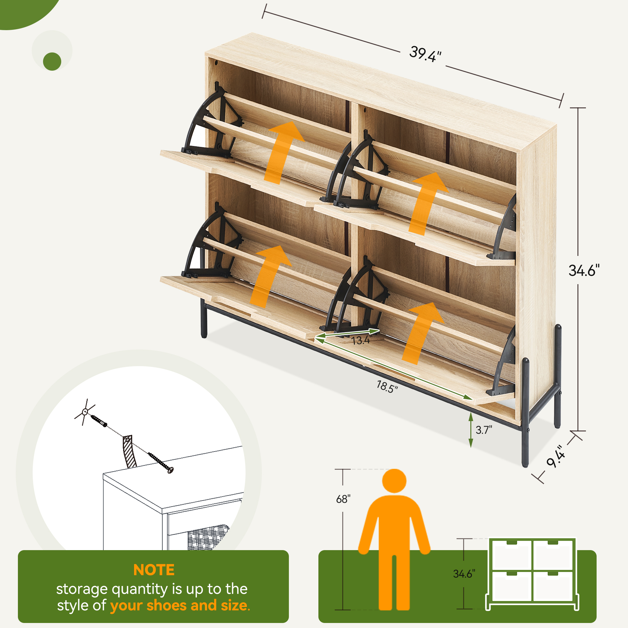 US GARVEE Natural Rattan Shoe Cabinet, 4 Flip Doors, Sturdy MDF, Hand-Woven Rattan, Adjustable Shelves, Metal Legs, Entryway-Oak