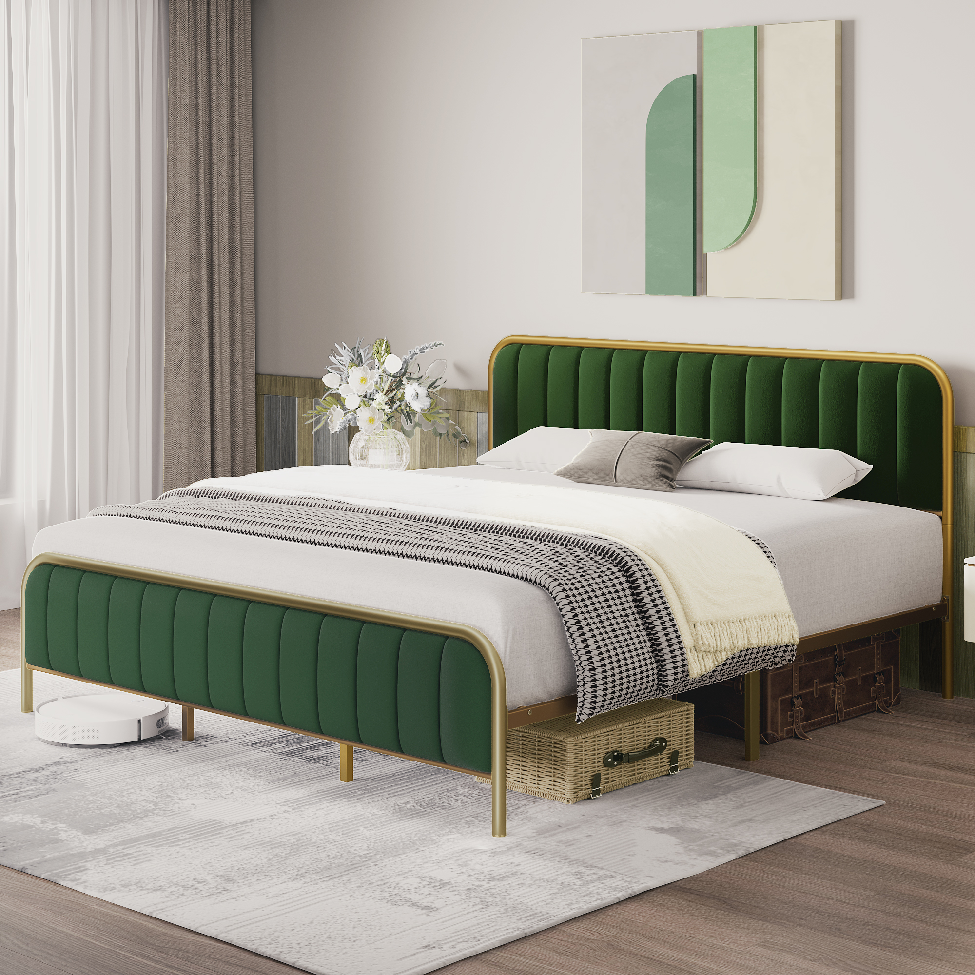 US GARVEE Full Size Velvet Upholstered Bed Frame with Headboard, Gold Frame, Wooden Slats, No Box Spring Needed, Green and Gold, Modern Design, Underneath Storage, Easy Assembly
