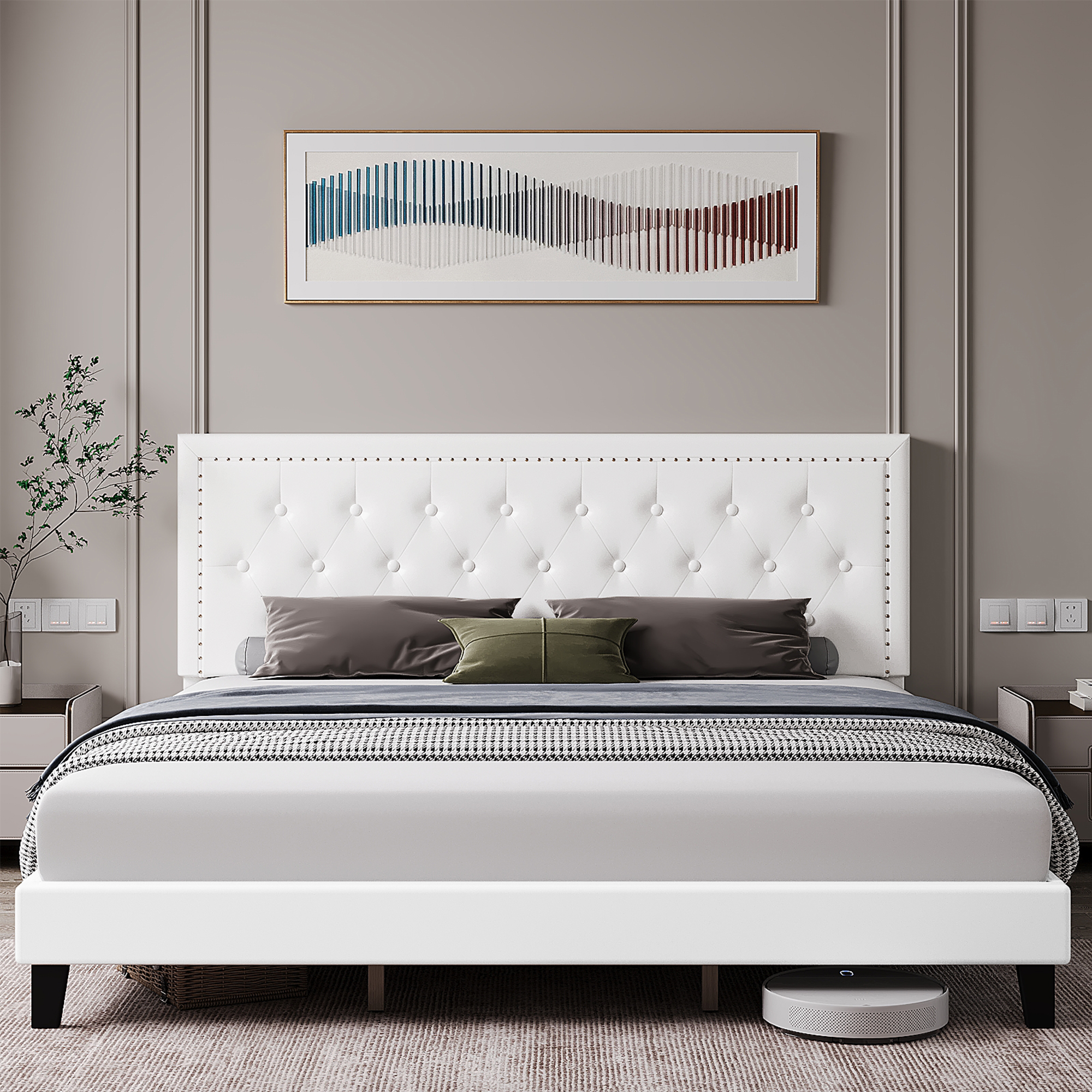 US GARVEE Queen Bed Frame,Upholstered Platform Bed with Diamond Button Tufted & Adjustable Headboard, Faux Leather, Wood Slats Support, Easy Assembly, No Box Spring Needed,White