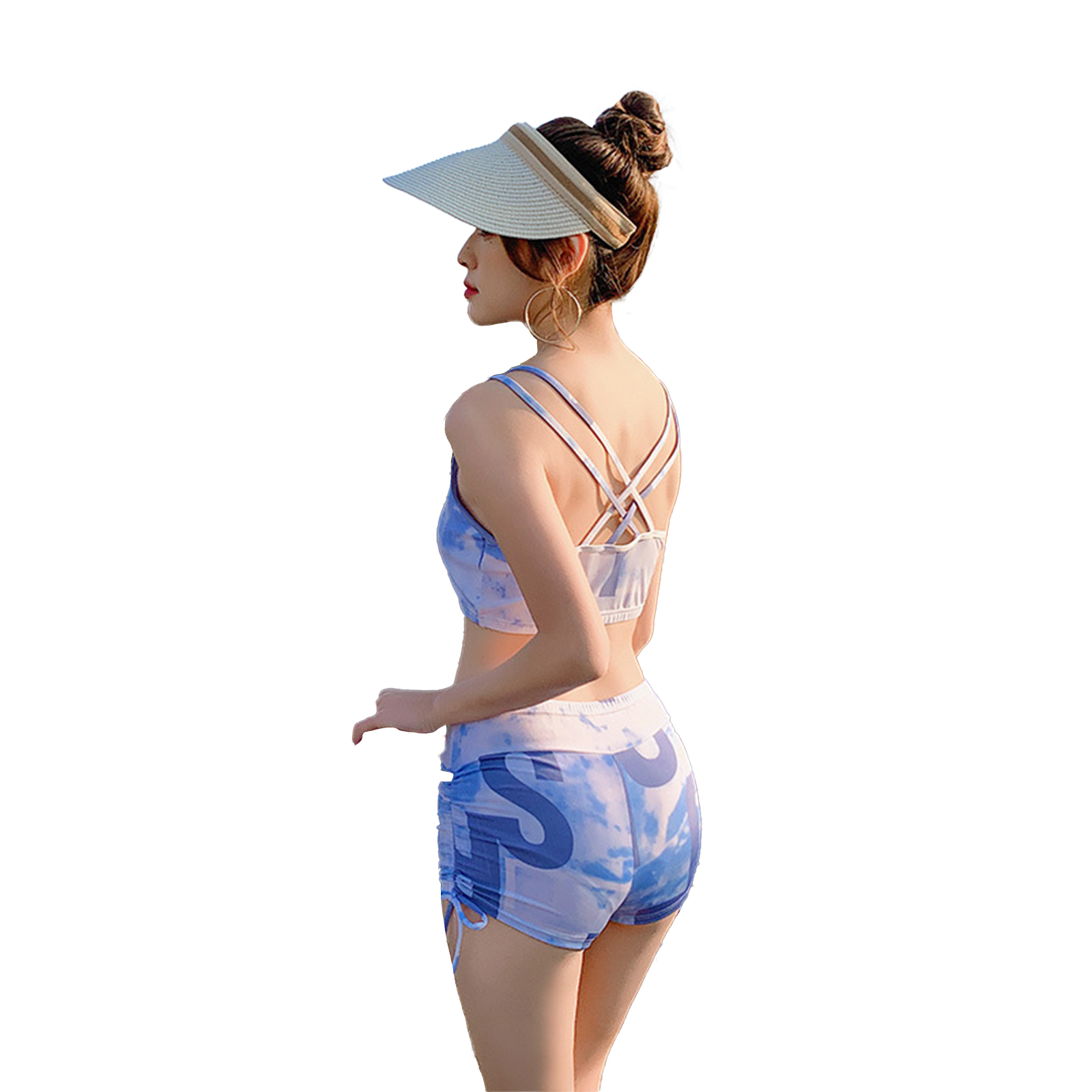 3pcs Women Split Swimsuit Cute Printing Sleeveless Tops Shorts Bikini Set With Long Sleeves Sunscreen Cover-up 039928 blue L