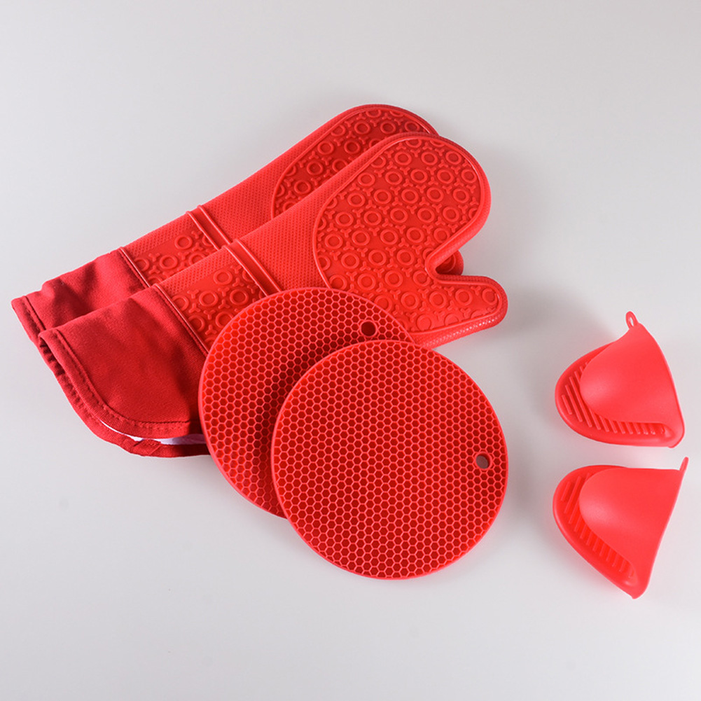 6pcs Kitchen Silicone Oven Mittens Set Heat Resistant Anti-scalding Mini Oven Gloves With Hot Pads Pot Holders all red