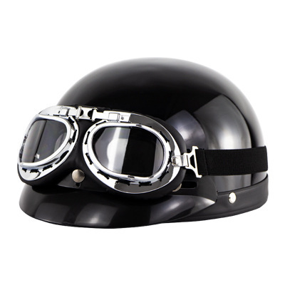 Retro Style Sunscreen  Helmet Half Helmet With Goggles For Motorcycle Electric Bike Bright Black