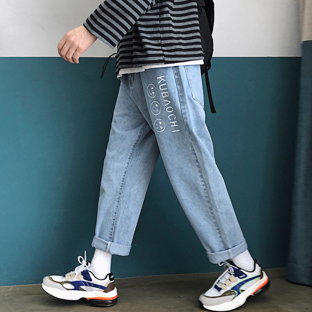 Wholesale Men Fashion Jeans Denim Pencil Pants Facial Expression Loose Casual Straight Trousers Light Blue M From China