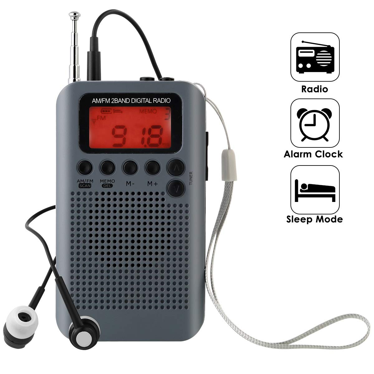 Portable AM FM Two Band Radio with Alarm Clock & Sleep Timer Digital Tuning Stereo Radio with 3.5mm Headphone Jack for Walking Jogging Camping gray