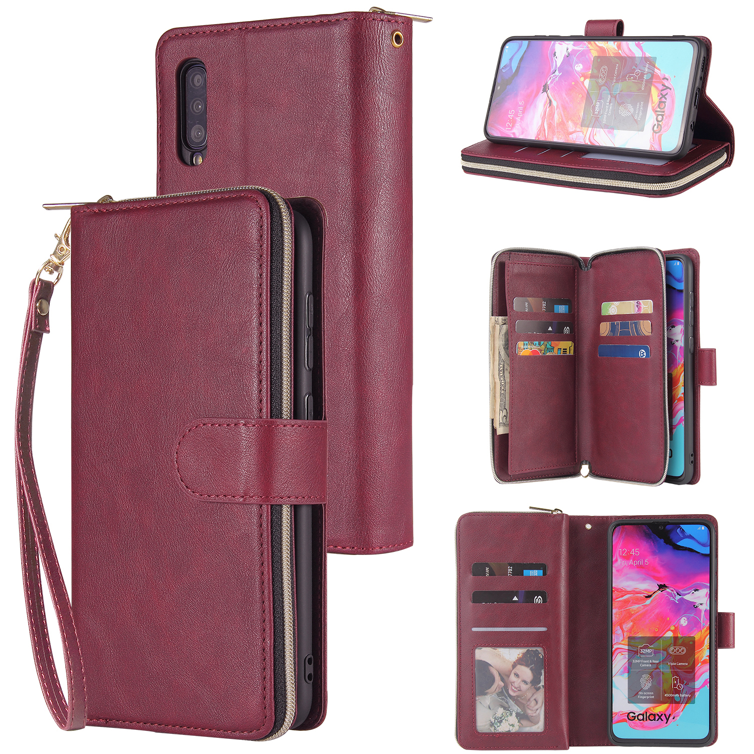 For Samsung A10/A20/A30/A50/A30S/A50S Pu Leather  Mobile Phone Cover Zipper Card Bag + Wrist Strap Red wine