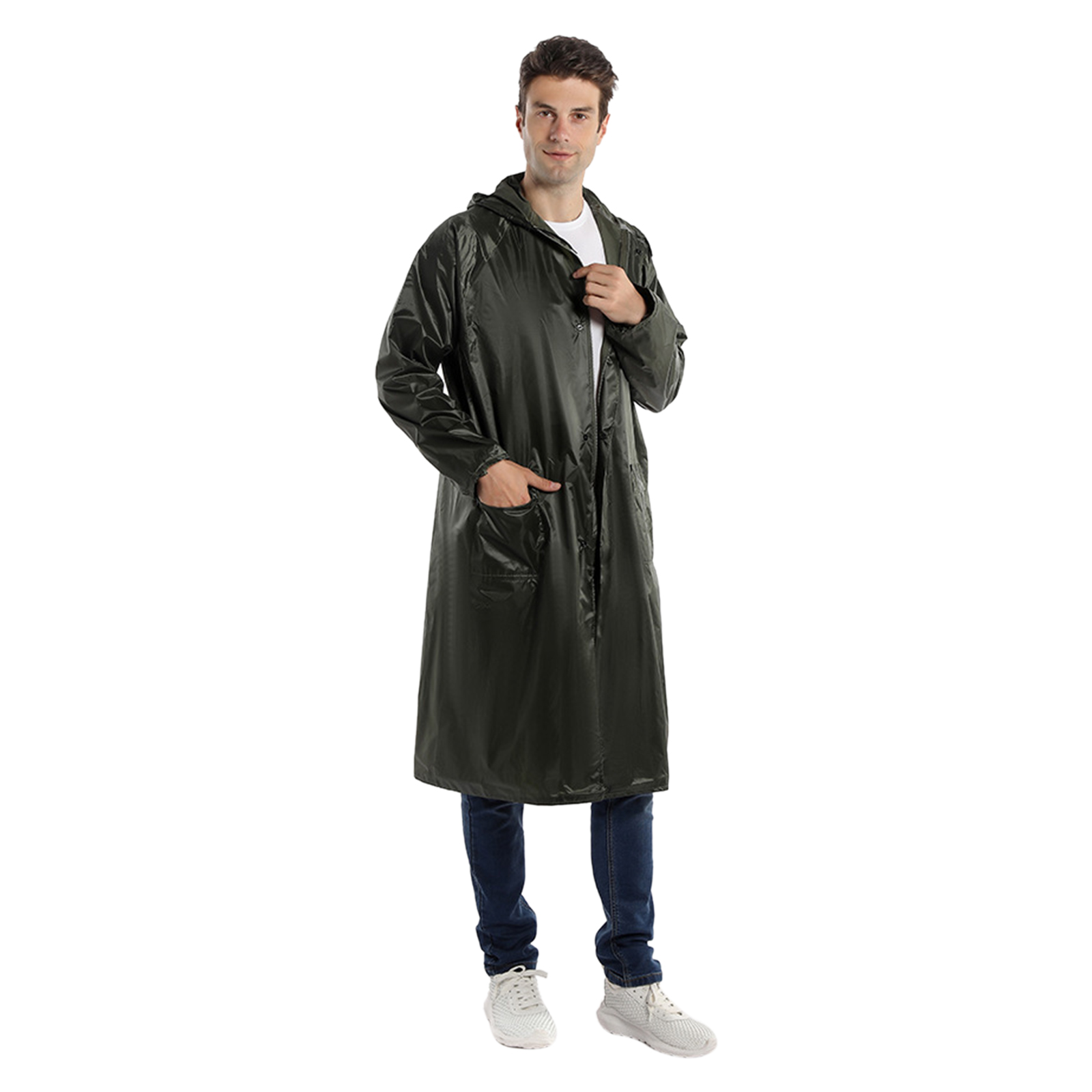 One-piece Raincoat Waterproof Lightweight Foldable Long Sleeve Hooded Raincoat With Pockets For Cycling Camping Hiking Army green XL