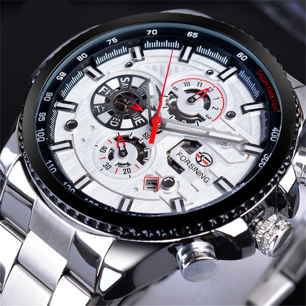 Men Fashion Waterproof Multi-Function Automatic Mechanical Watch Silver belt white dial