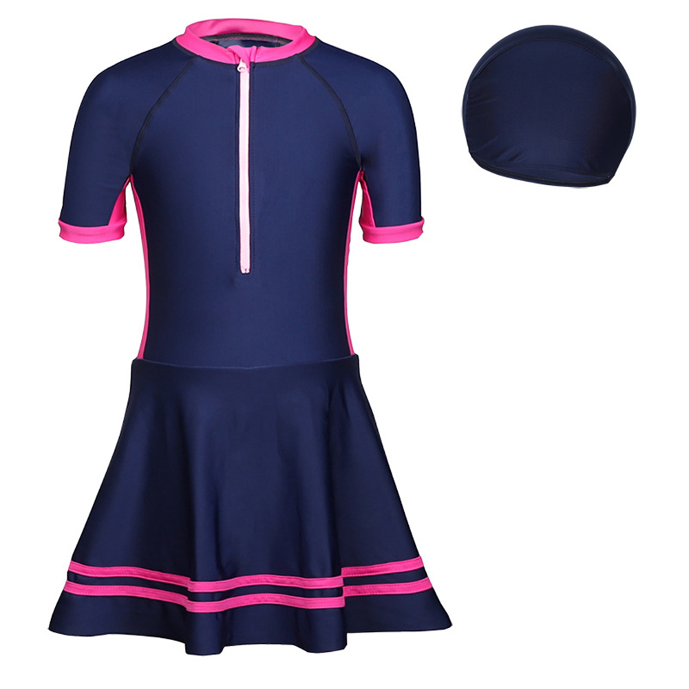 2pcs Girls One-piece Skirt Swimsuit With Swimming Cap Sunscreen Quick-drying Swimwear For Kids Aged 5-14 dark blue 11-12Y 150