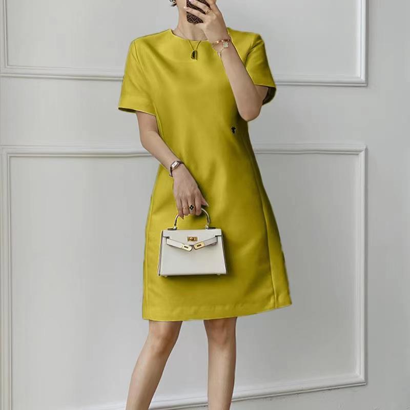 Women Fashion Loose Dress Short Sleeve Round Neck Solid Color Relaxed-fit Mid Length Skirt yellow XXXL