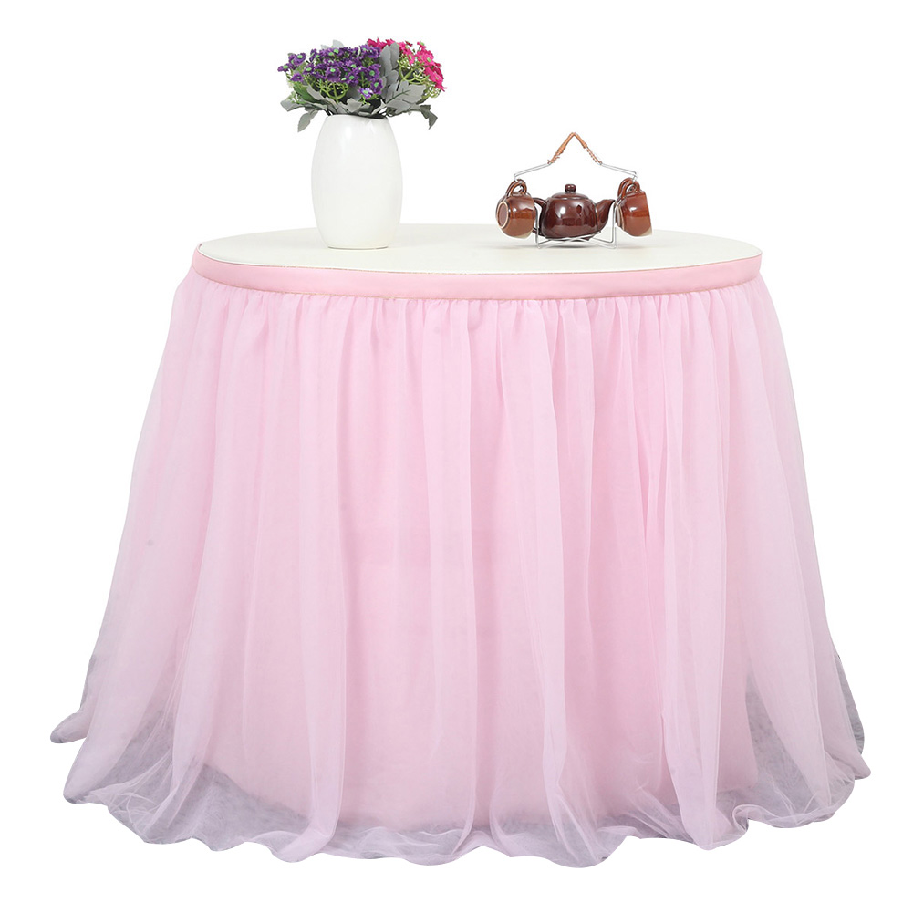 [US Direct] Tulle Table Skirt, 3-layer Table Cloth with Chiffon Lining, Wedding Table Decoration Tableware for Birthday Baby Shower Party Pink_9ft*77cm