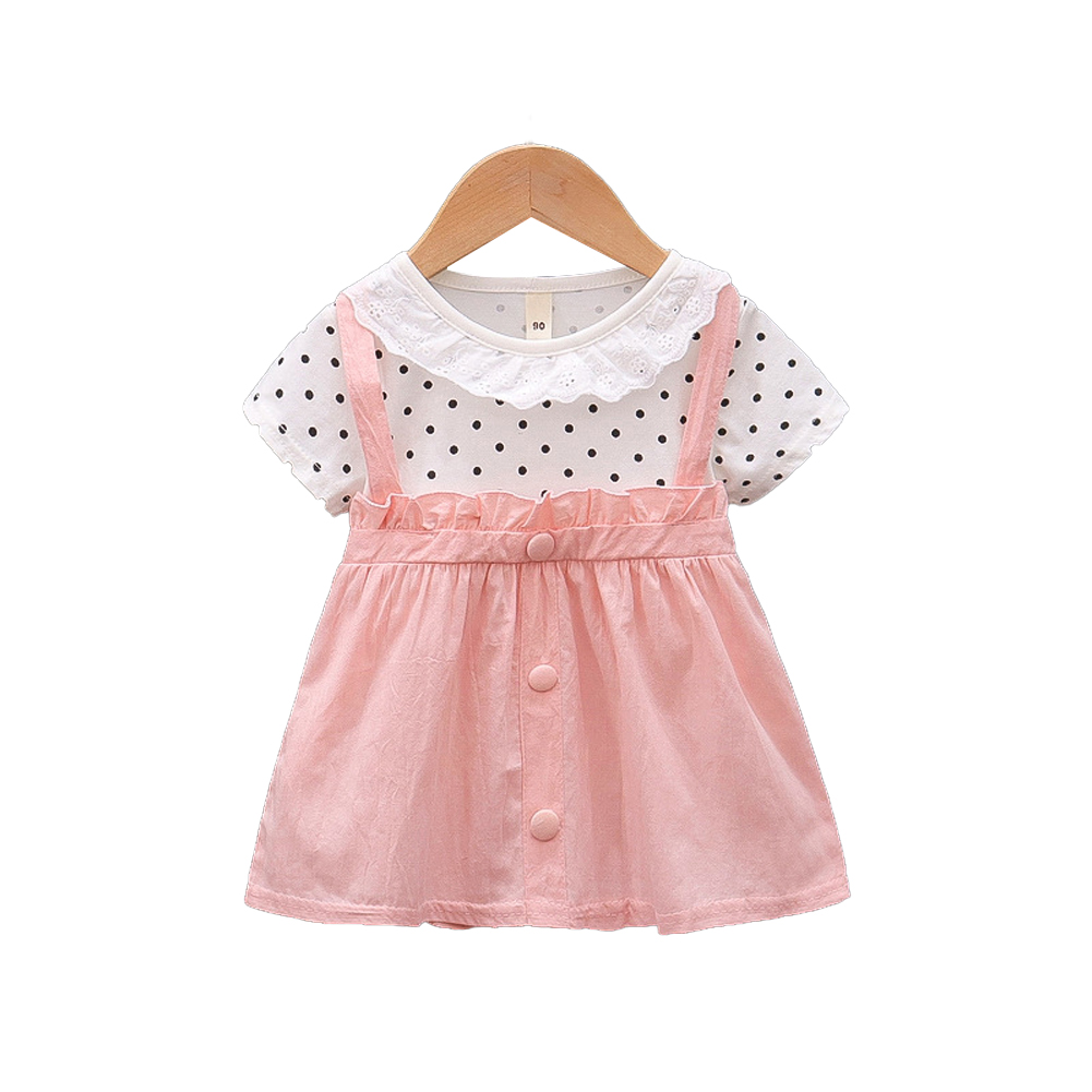 Baby Girls Summer Dress Polka Dot Print Round Neck Short Sleeve Princess Dresses Fake Two Pieces pink 30-36M 110