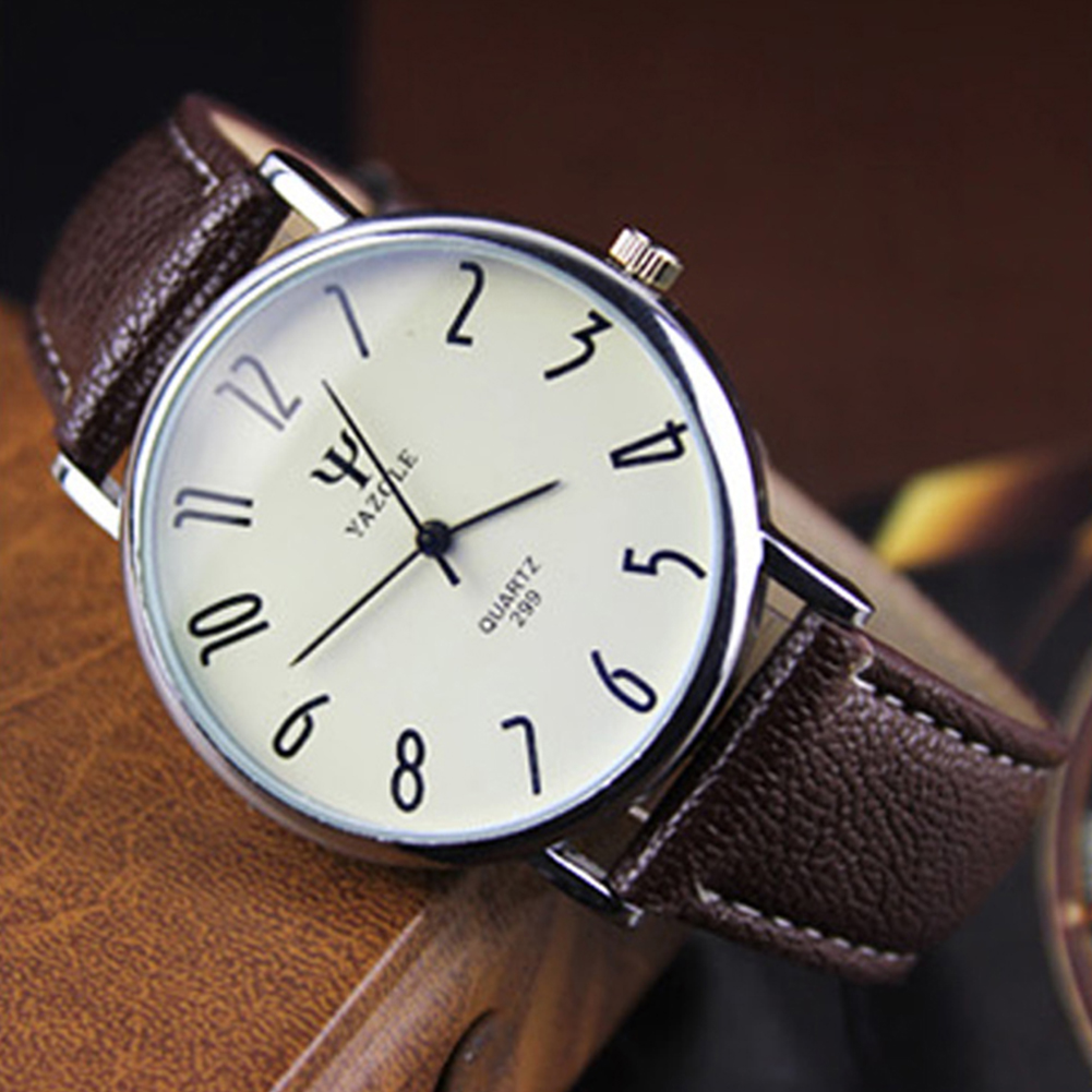 Unisex Casual Business Style Leather Strap Waterproof Classic Watch Small white dial brown belt