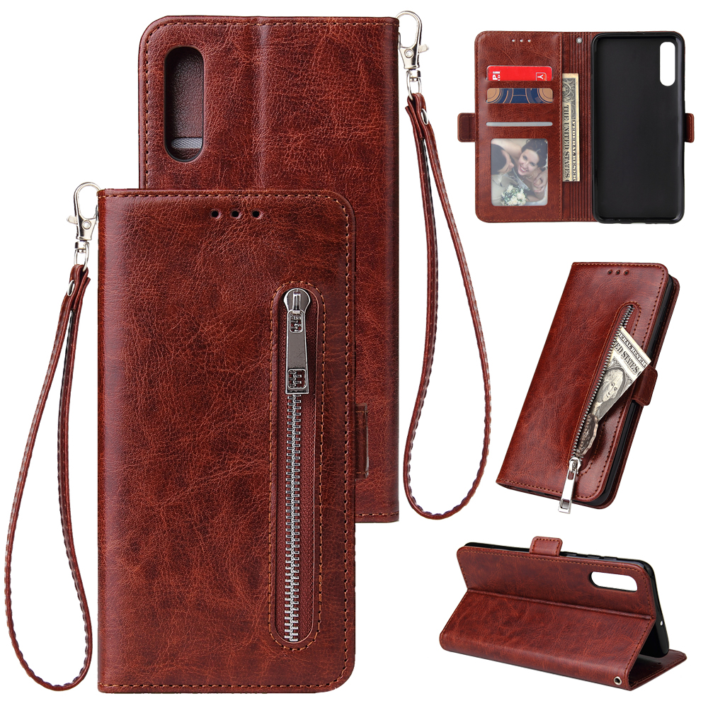 For Samsung A50 Solid Color PU Leather Zipper Wallet Double Buckle Protective Case with Stand & Lanyard brown