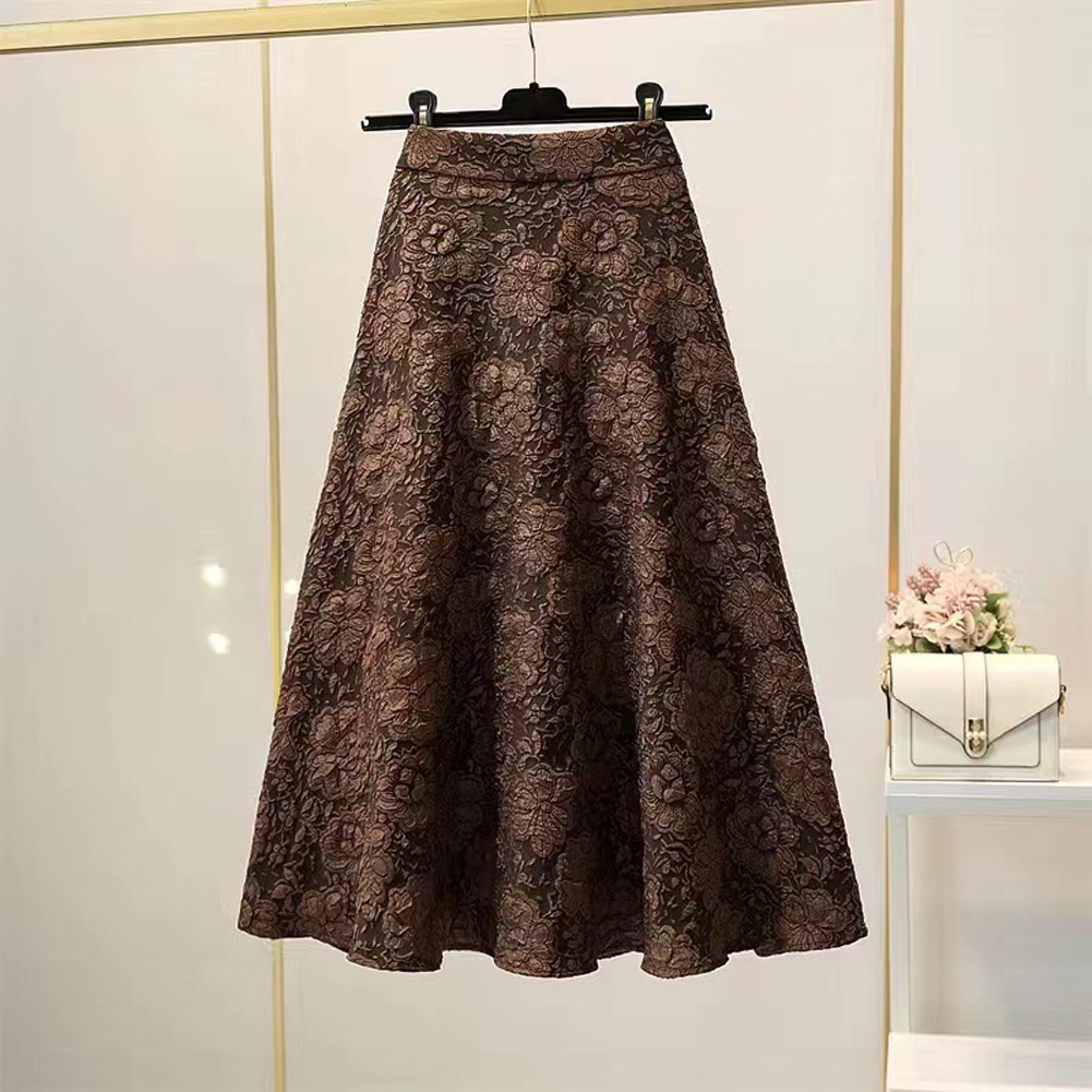 Retro High Waist Skirt For Women Elegant Hollow-out Floral Large Swing Skirt For Party Dance Performances dark brown XL