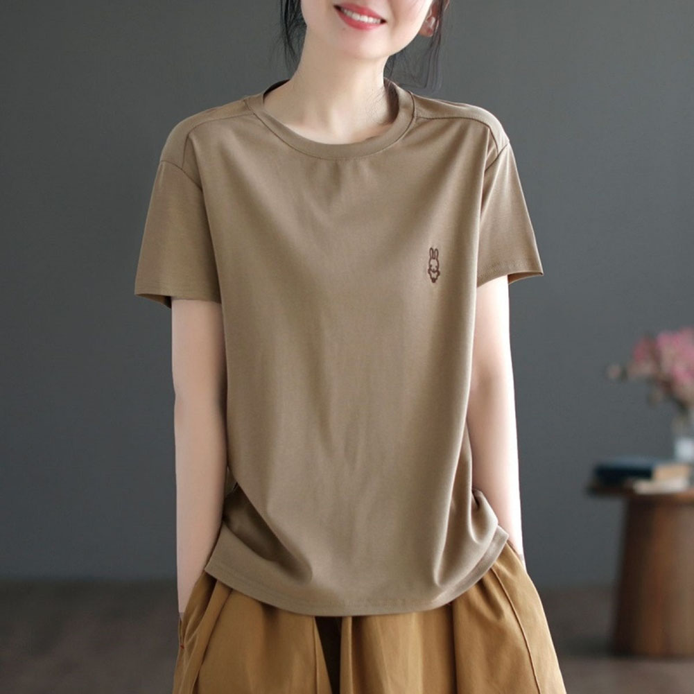 Women Round Neck Short Sleeves T-shirt Cute Embroidered Bunny Casual Tops Simple Solid Color Loose Blouse Khaki XL