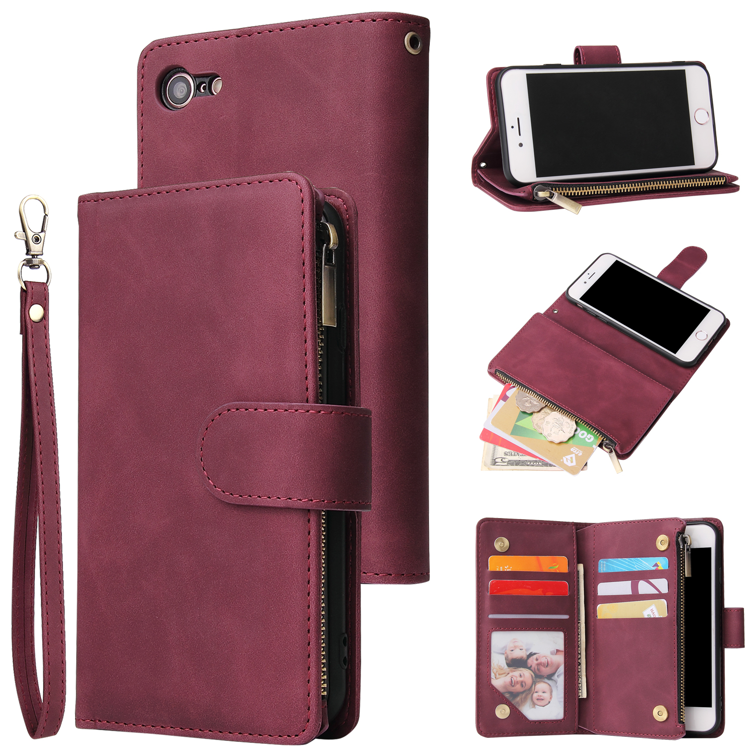 For iPhone 6 / 6S iPhone 6 plus / 6S plus iPhone 7 / 8 iPhone 7 plus / 8 plus Smart Phone Cover Coin Pocket with Cards Bracket Zipper Phone PU Leather Case Phone Cover iPhone 7 / 8