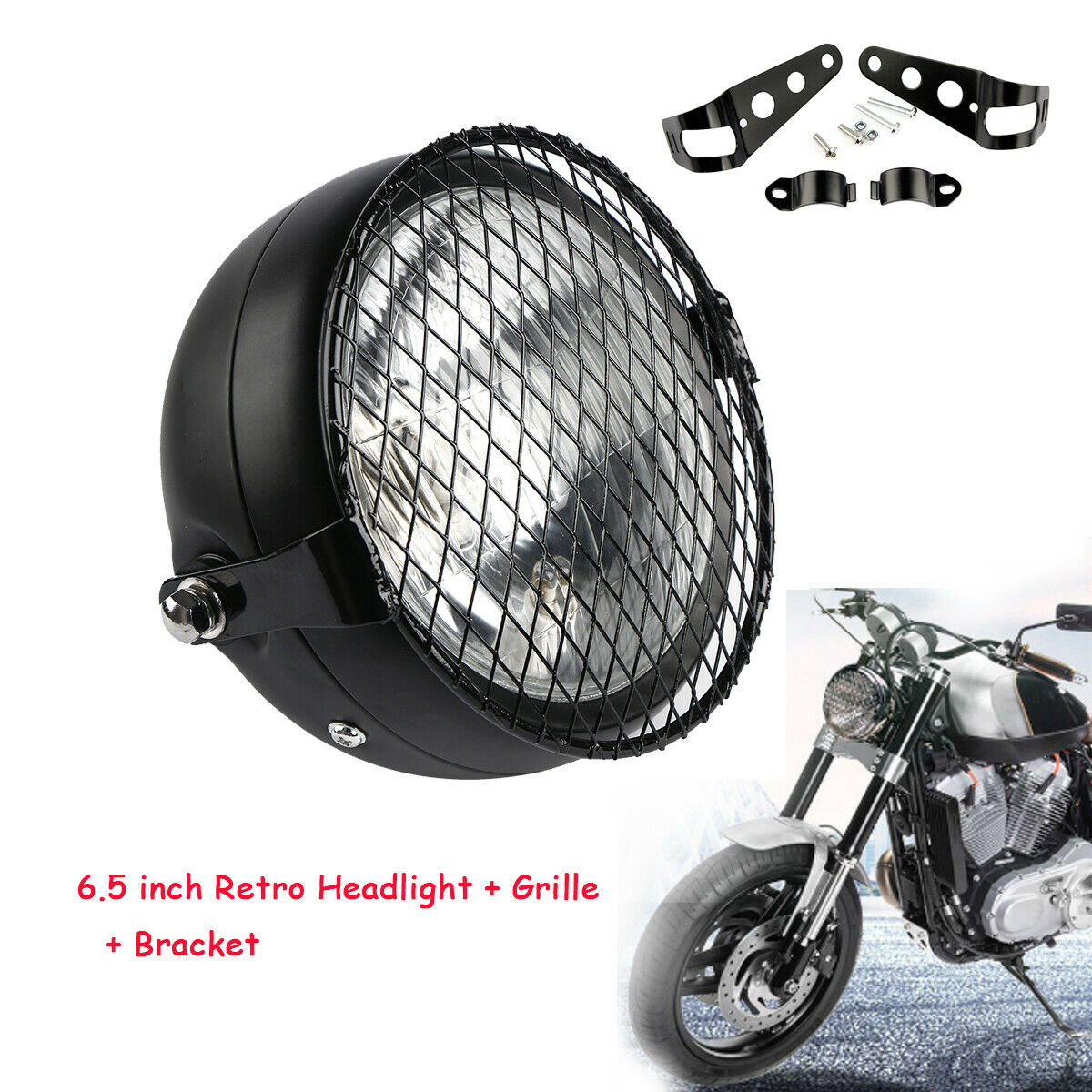 6.5 inches Retro Motorcycle LED Headlight Grill Side Mount Cover with Bracket black