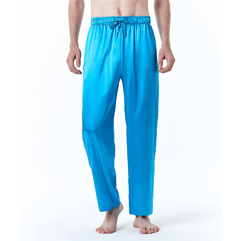 Men Satin Pants Casual Mid-waist Simple Solid Color Loose Large Size Trousers Homewear blue S