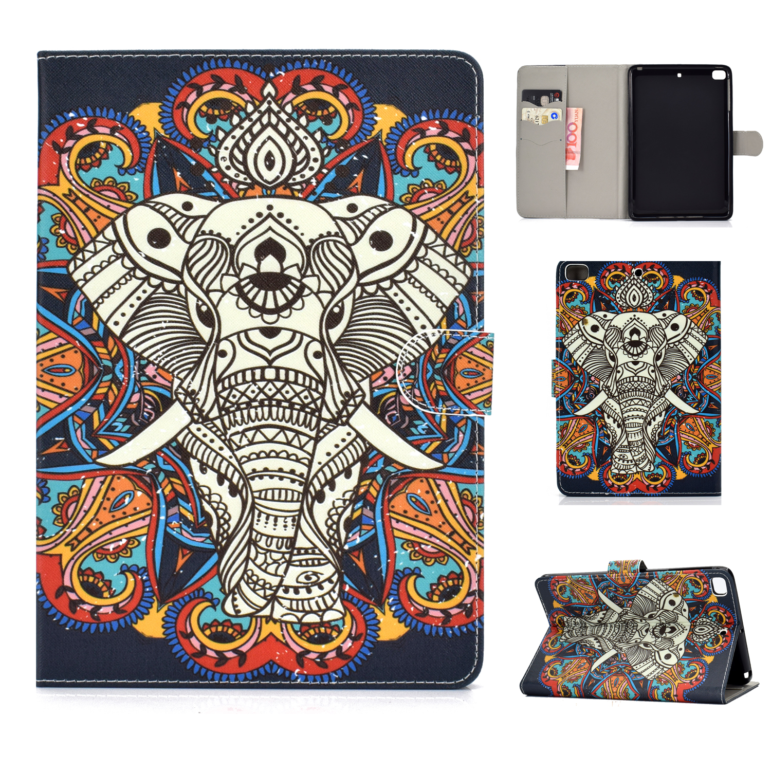 For iPad mini 1/2/3/4/5 Laptop Protective Case Frront Snap Color Painted Smart Stay PU Cover Fun elephant