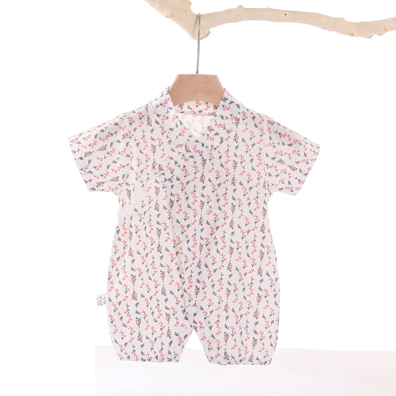 Boys Girls Short Sleeves Romper Summer Cotton Slanted Lace-up Breathable Jumpsuit For 0-3 Years Old Kids pink floral 2-3Y 80cm
