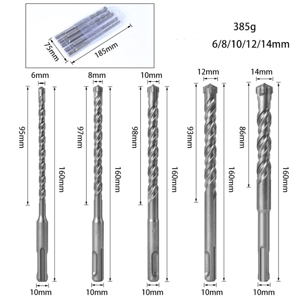 5pcs Sds-max Cemented Carbide Hammer Drill Bit Set 6-8-10-12-14mm Double Flute