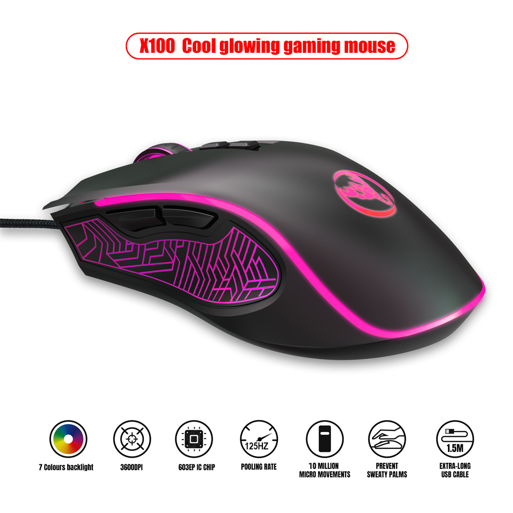 X100 Wired Optical Mouse Colorful Luminous 1200-1800-2400-3600dpi Adjustable E-sports Office Mouse