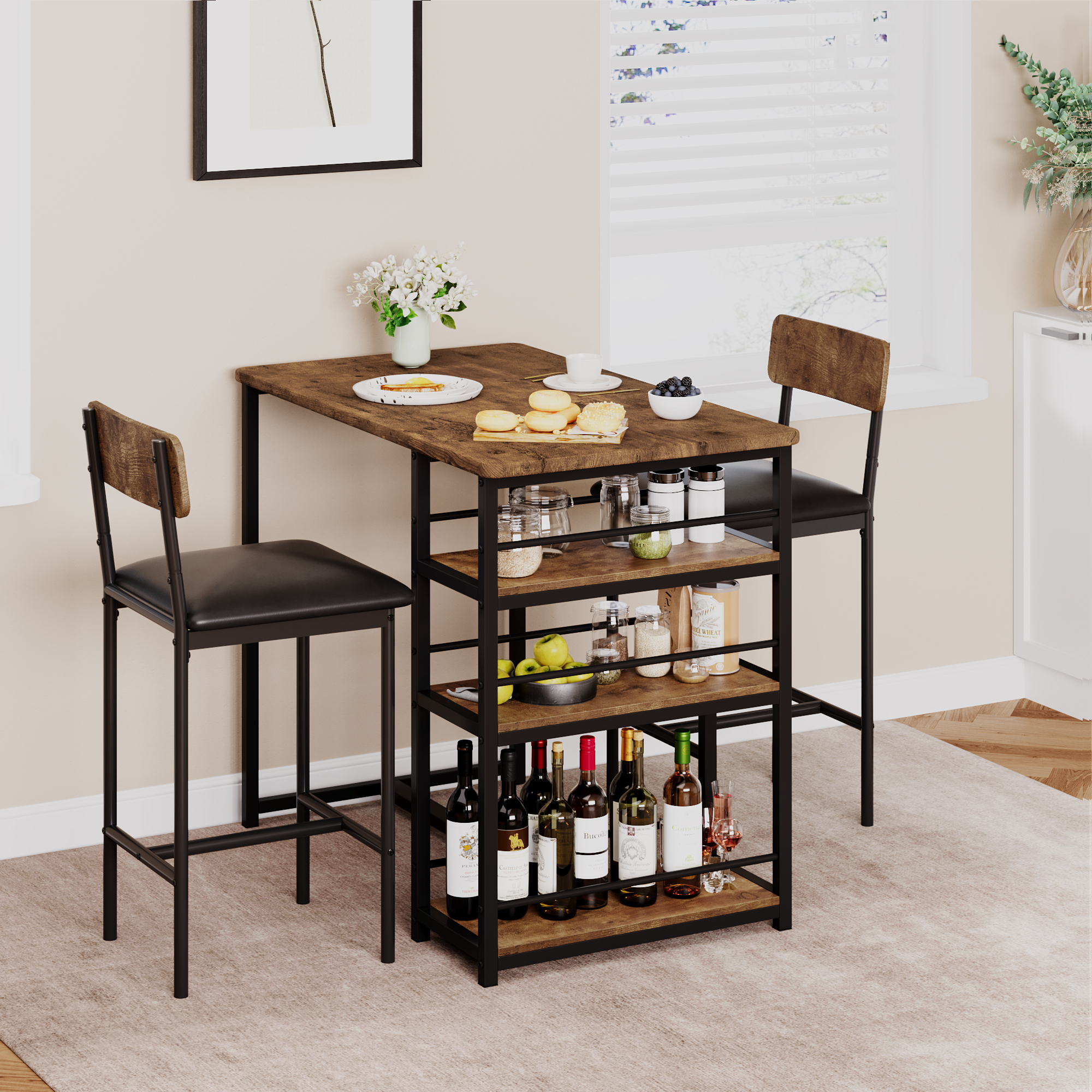 US GARVEE Dining Table Set for 2, Kitchen Table and Chairs, Bar Dining Room Table Set with 2 Upholstered Bar Chairs, 3 Piece Counter Height Kitchen Table Set for Small Space, Apartment, Retro Brown