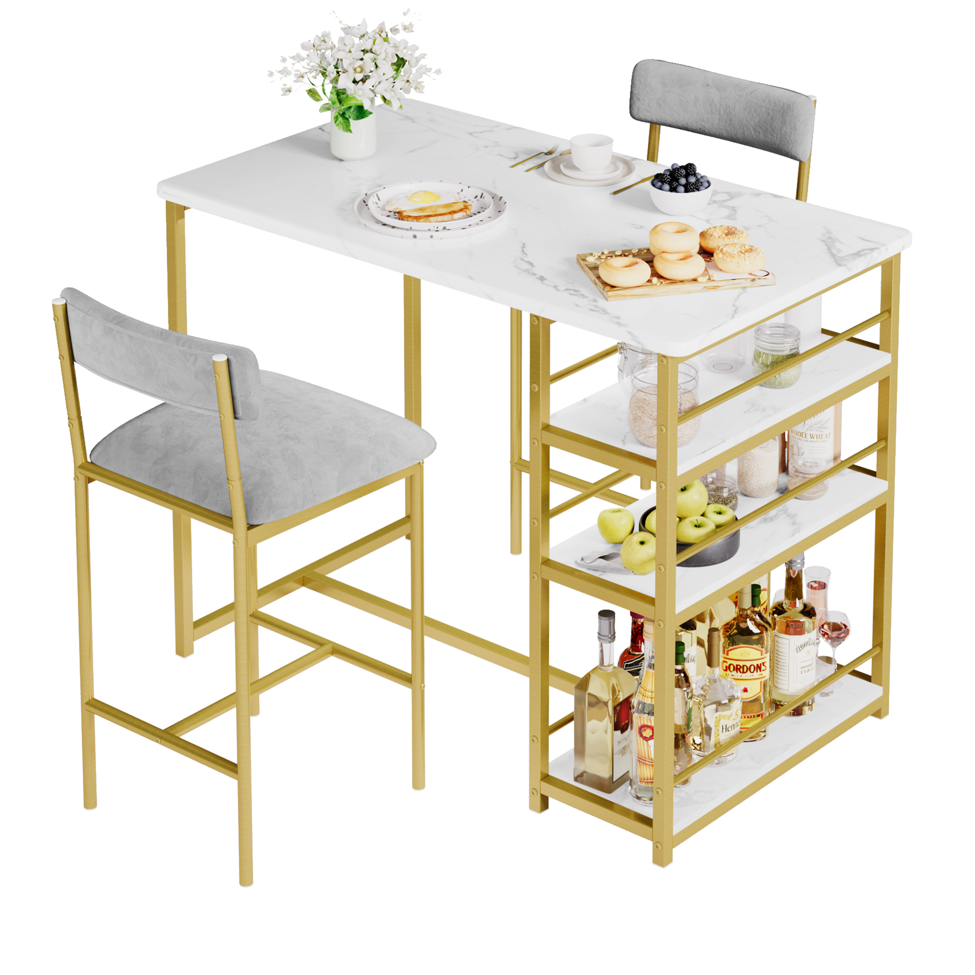 US GARVEE Dining Table Set for 2, Kitchen Table Set, Dining Room Table Set with 2 Velvet Upholstered Bar Chairs, 3 Piece Counter Height Table Set for Small Space, Apartment, Gray and Gold White