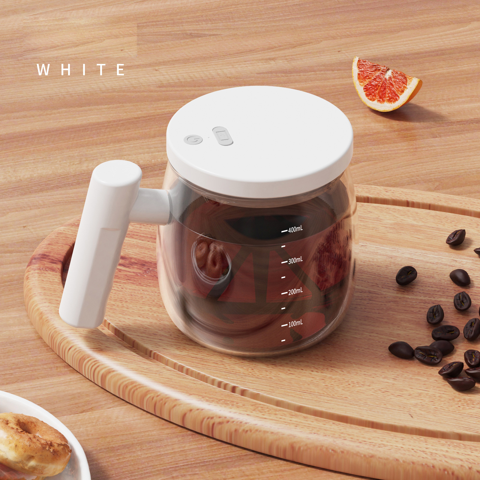 Electric High Speed Mixing Cup, Self Stirring Mug With USB Charging Port, Waterproof Glass Structure, Button, Lid, 400ml Glass Self Stirring Mug For Home elegant white 400ml