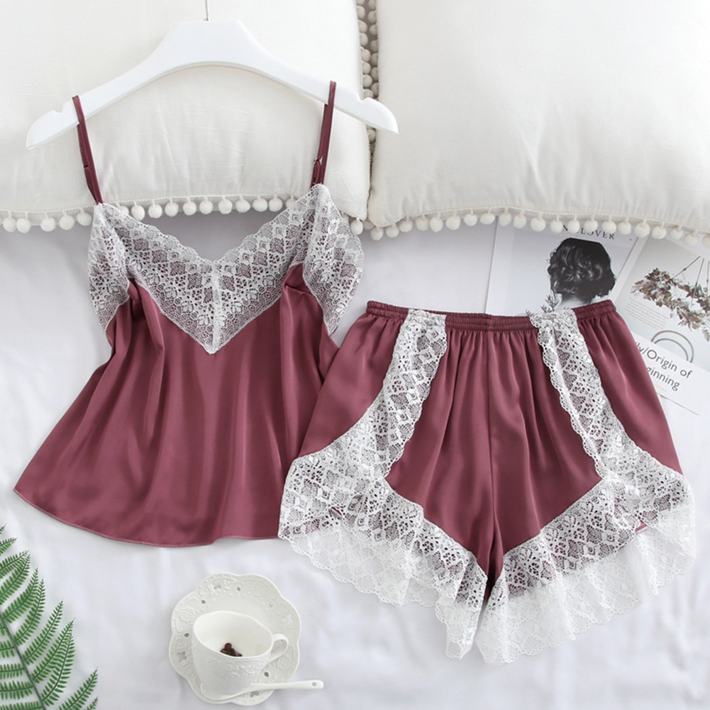 2 pcs/set Women's Sleepwear Sexy Satin Lace V-neck Pyjama Suit Sleeveless Camisole Top + Shorts Red bean paste_S