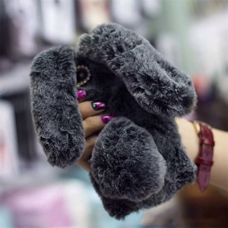 Cute Rabbit Soft Plush Phone Case for iPhone dark gray
