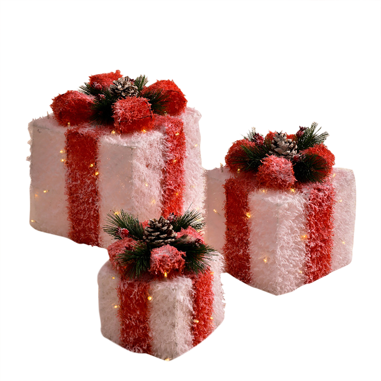 3pcs Christmas Lighted Gift Boxes With Bow Christmas Lighting Box Ornament For Home Indoor Porch Party Decoration white and red