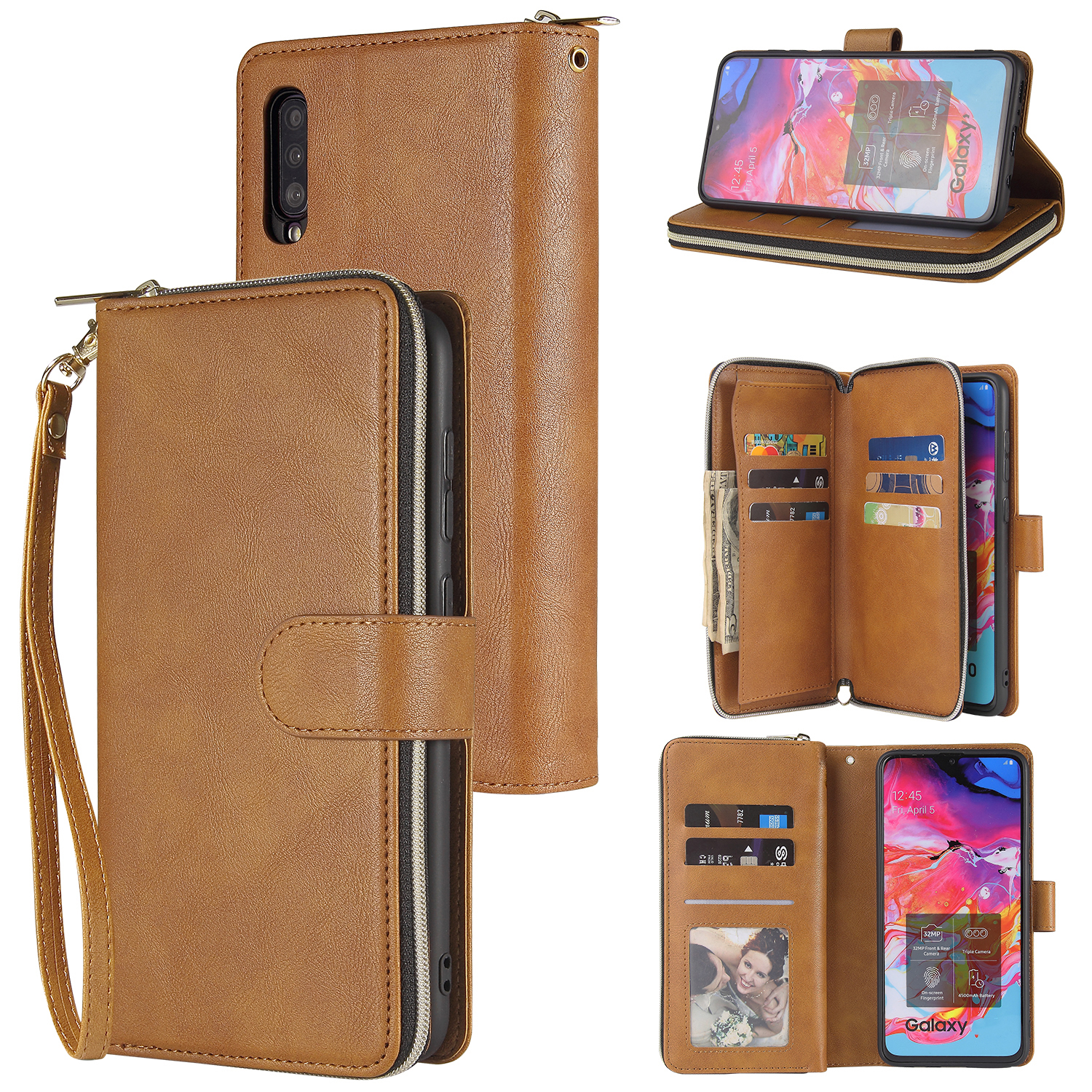 For Samsung A10/A20/A30/A50/A30S/A50S Pu Leather  Mobile Phone Cover Zipper Card Bag + Wrist Strap brown