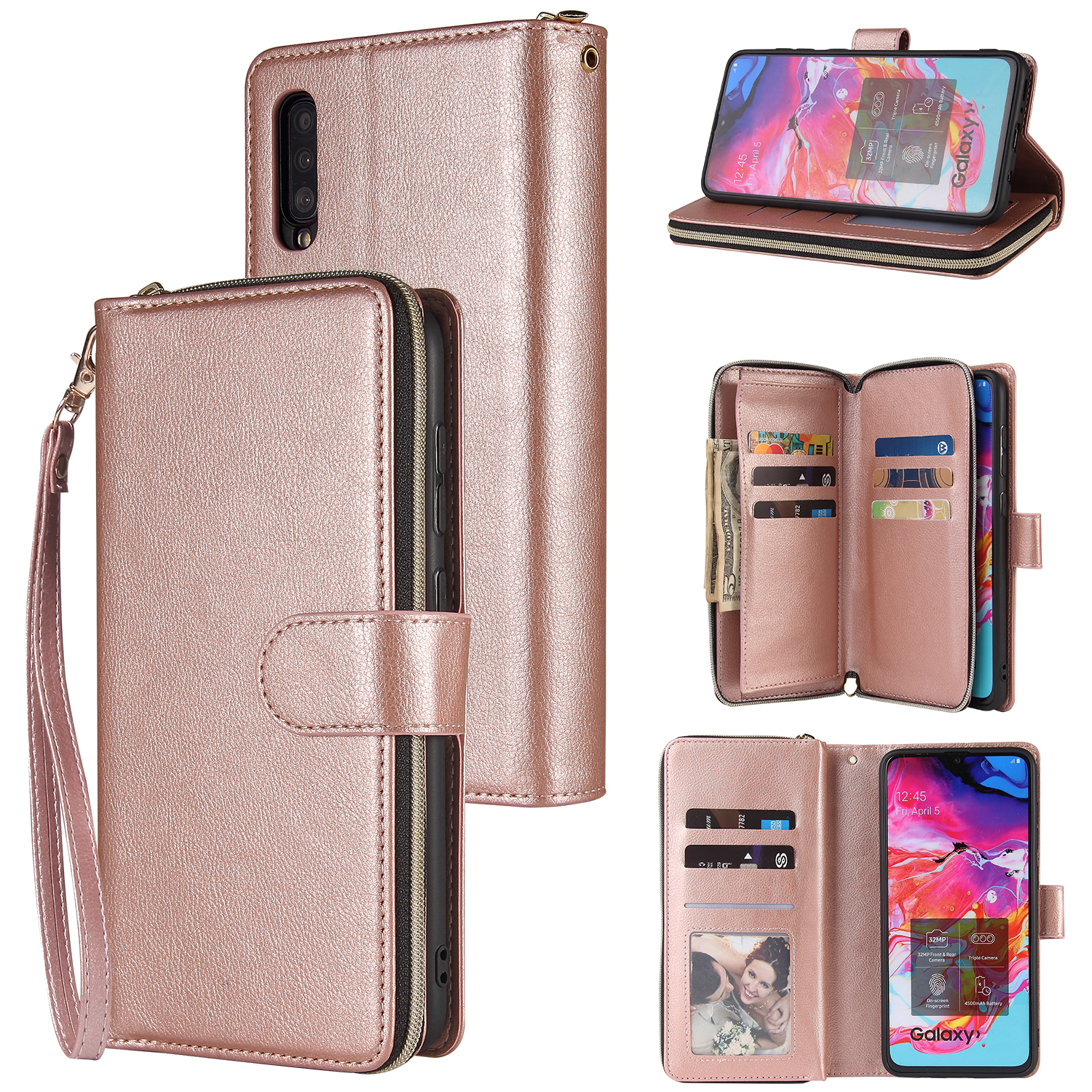 For Samsung A10/A20/A30/A50/A30S/A50S Pu Leather Mobile Phone Cover Zipper Card Bag + Wrist Strap Rose gold