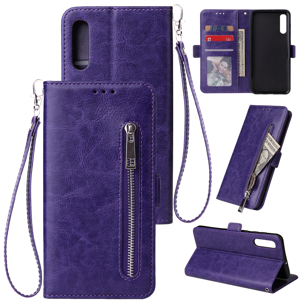 For Samsung A50 Solid Color PU Leather Zipper Wallet Double Buckle Protective Case with Stand & Lanyard purple
