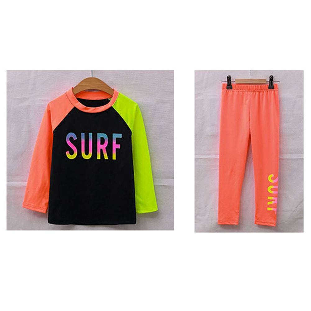 Children Split Swimwear Long Sleeves Sunscreen Quick-drying Swimsuit Set For Boys Girls Black Tops Orange Pants 2XL