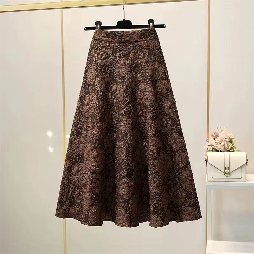 Retro High Waist Skirt For Women Elegant Hollow-out Floral Large Swing Skirt For Party Dance Performances dark brown 3XL