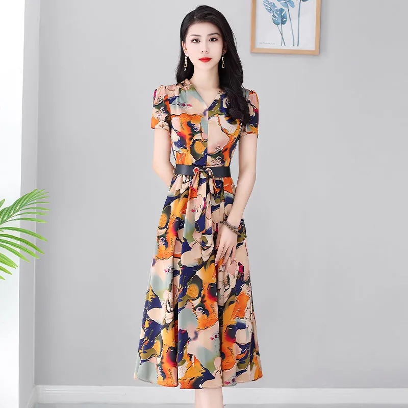 Summer Women Short Sleeves Dress Ice Silk V Neck Elegant Printing Dress Casual Large Size Slimming A-line Skirt As shown 2XL