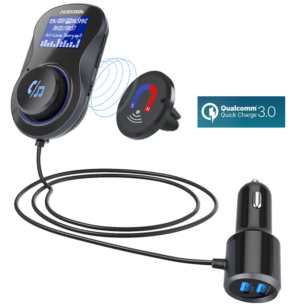 1.4 Inch Display Bluetooth FM Transmitter,  Wireless Radio Adapter Car Kit Hands-free Calling with Quick Charge 3.0 And 5V/1A Dual USB Ports Support TF Card AUX Input/Output(Air Vent Holder Include)
