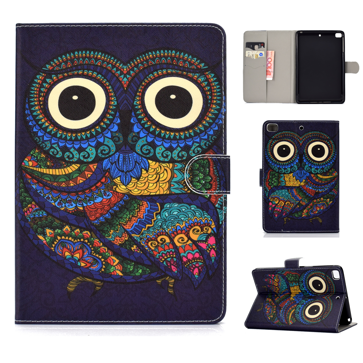 For iPad mini 1/2/3/4/5 Laptop Protective Case Frront Snap Color Painted Smart Stay PU Cover owl