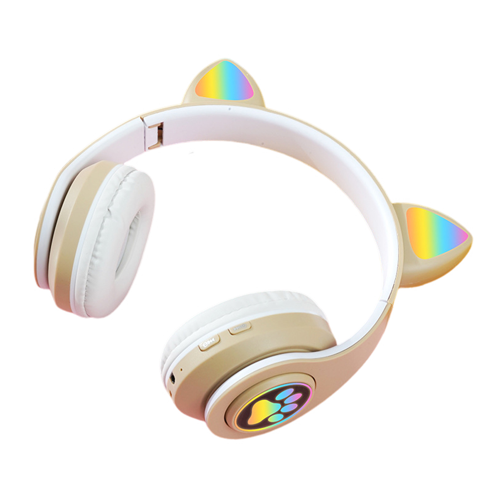 B39M Cat Ears Noise Canceling Headset Stereo Lighting Headphones Wireless Headphones For Smart Phones Computer Laptop Cat Paw Khaki
