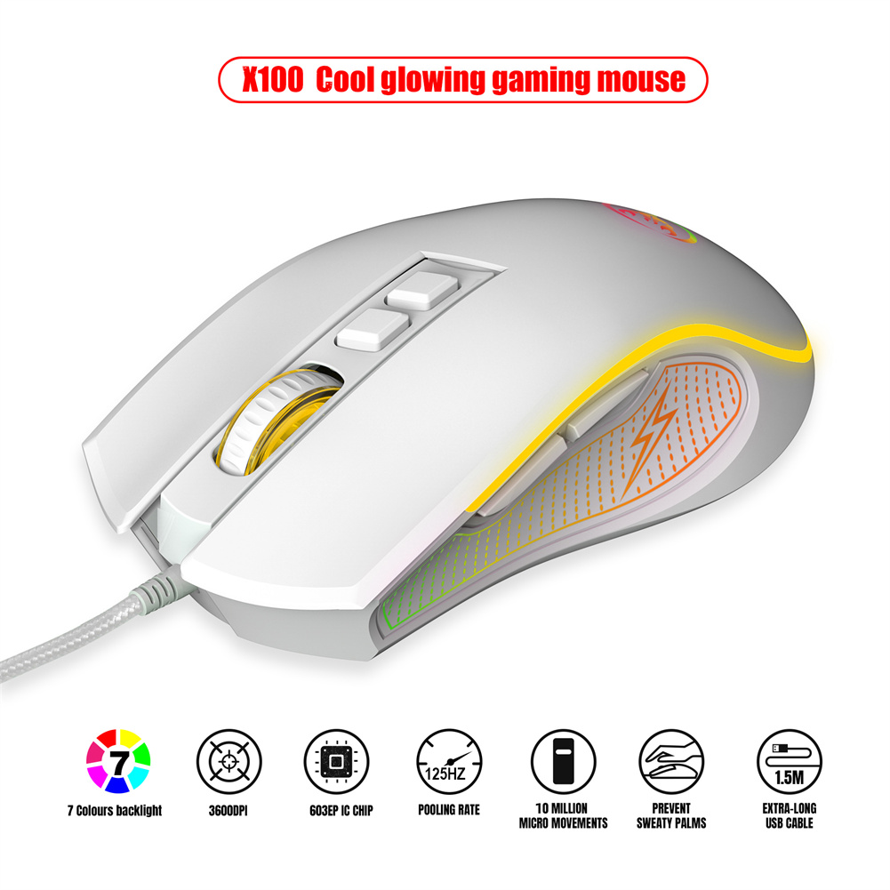 X100 Wired Optical Mouse Colorful Luminous 1200-1800-2400-3600dpi Adjustable E-sports Office Mouse
