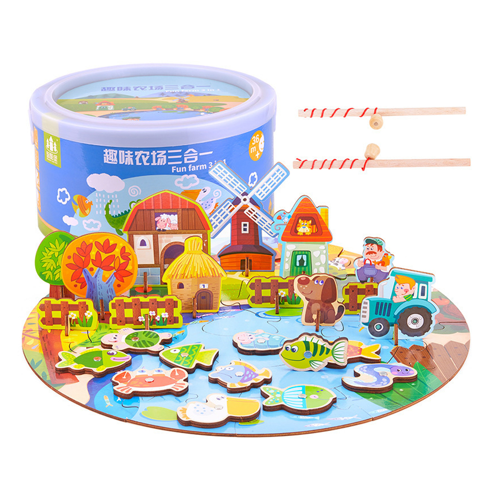 Wholesale 3 in 1 Kids Wooden Puzzle Toy Fishing Early