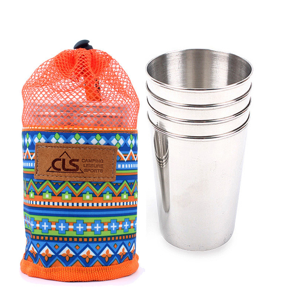 Outdoors Camp 304 Stainless Steel Cup Set 4 PCS Picnic Beer Mug 300ML Large Size Office Cup 4 large cups + ethnic style storage bag